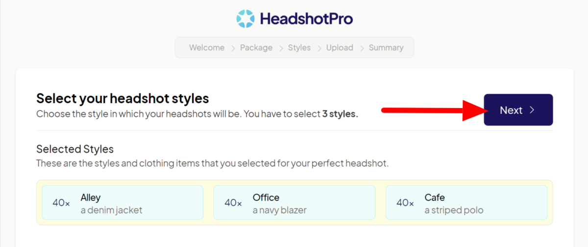 Selecting headshot styles and hitting Next to continue using Headshot Pro.