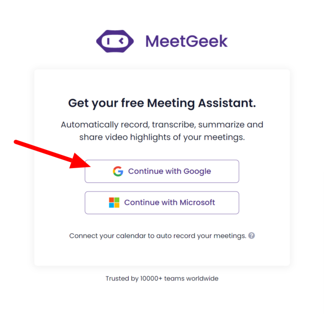 Creating an account on MeetGeek with Google.