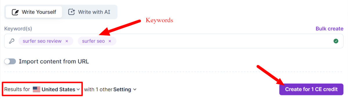 7-surfer-seo-creating-content-editor Creating the Content Editor in Surfer SEO by typing keywords.
