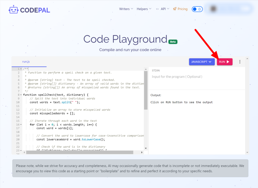 Selecting Run on CodePal's Code Playground.