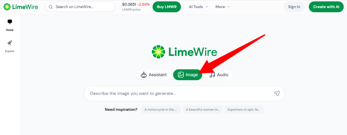 Selecting Image on the LimeWire homepage.