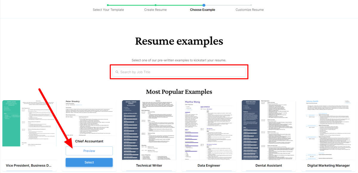 Emphasizing the search bar and selecting the Preview button on the resume examples offered by VisualCV.