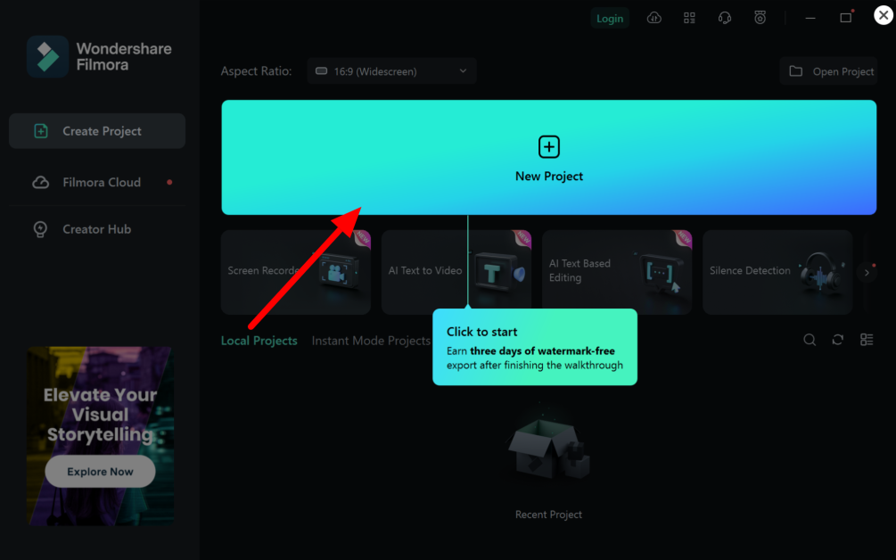 Selecting New Project on Wondershare Filmora.