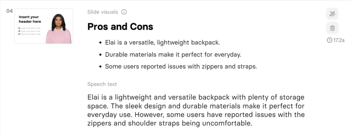 The Pros and Cons slide generated with Elai.