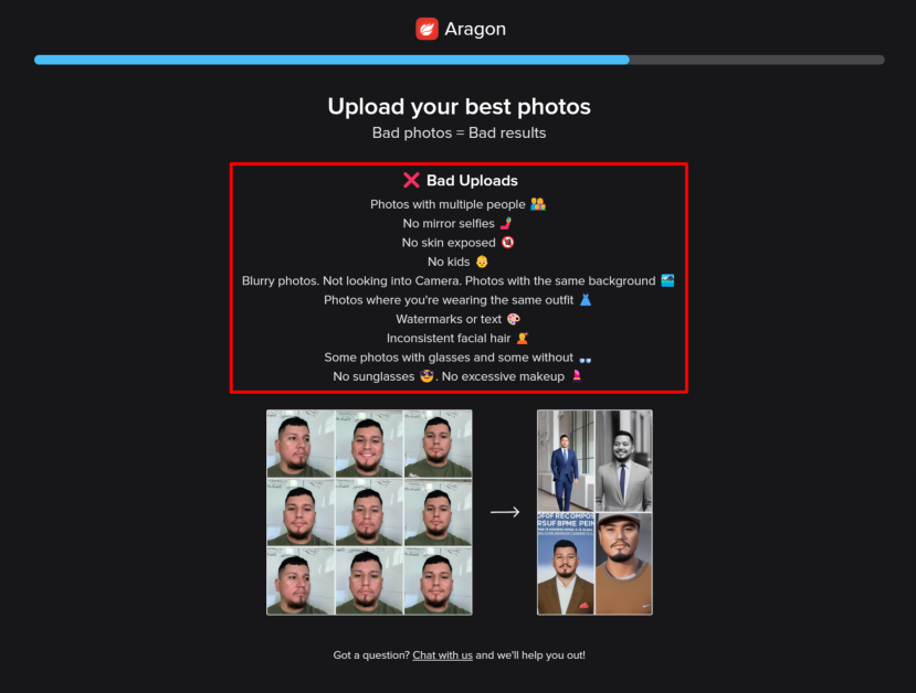 8-aragon-ai-avoid-bad-shots Advice on what to avoid when uploading selfies to generate AI headshots.