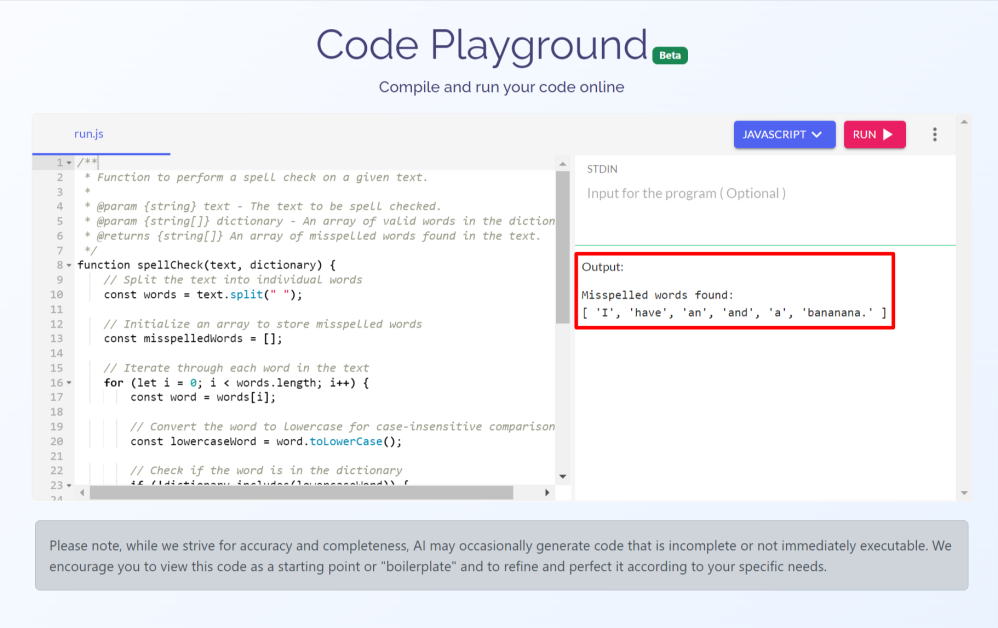 The code output revealing the misspelled words from CodePal's Code Playground.