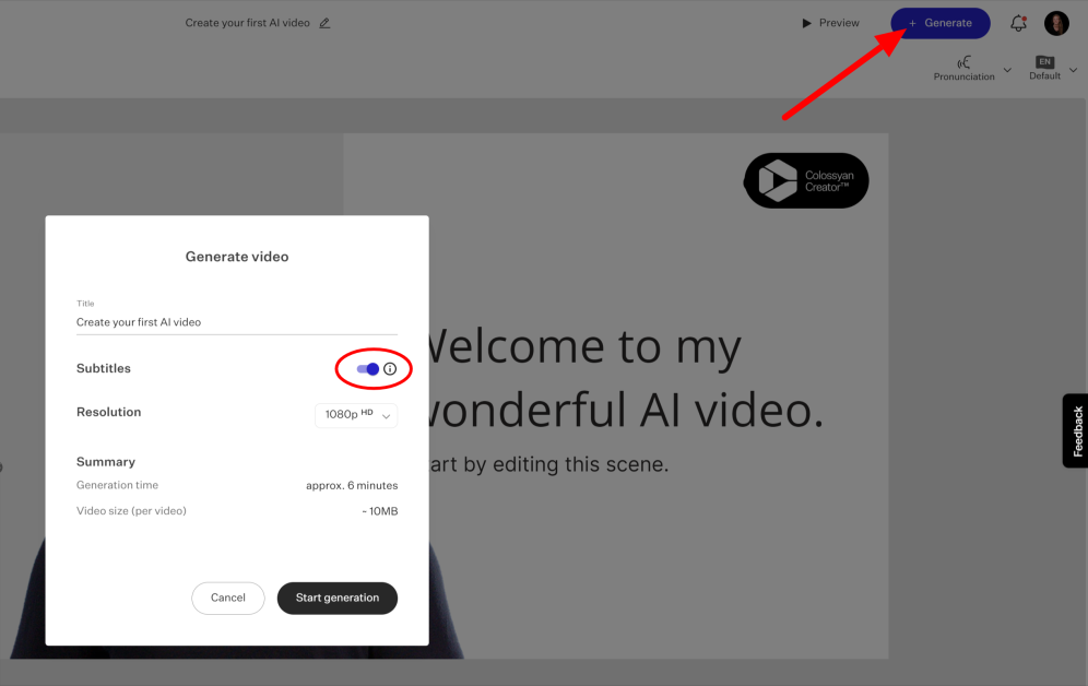 Generating an AI video and turning on the Subtitles toggle using Colossyan Creator.