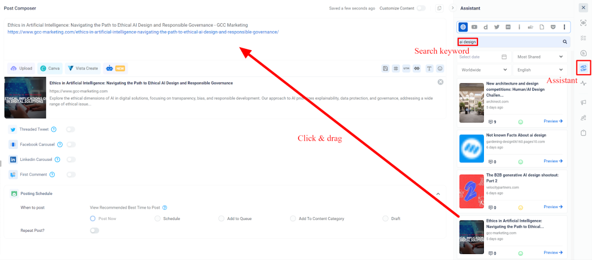 Searching a keyword and clicking and dragging an article into the post composer to create a post using ContentStudio.