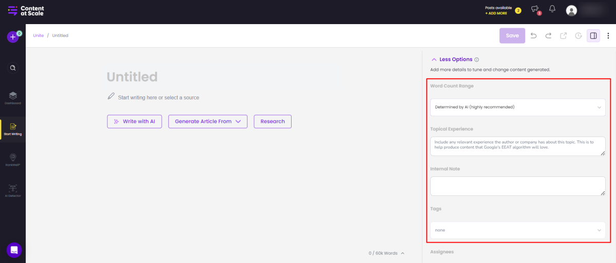 Selecting More Options to add more details to the content being generated.