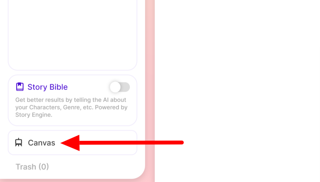 Selecting "Canvas" within a Sudowrite project.