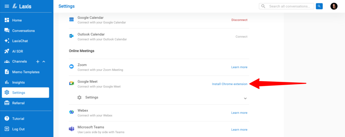 Selecting "Install Google Chrome Extension" next to Google Meet in the Laxis settings.