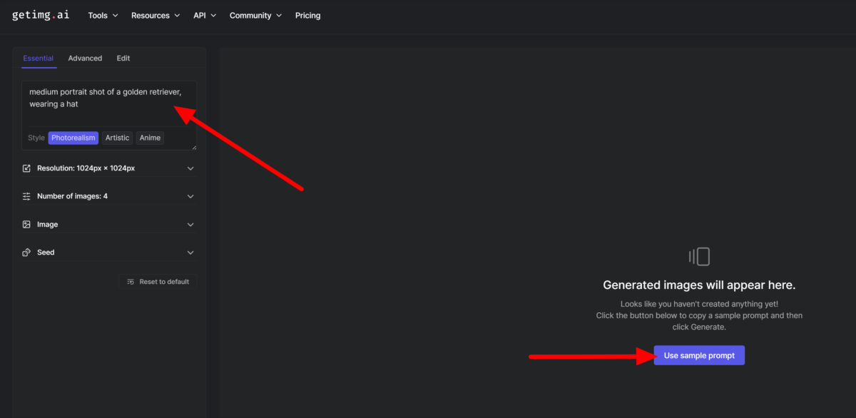 9-5e161a78-4f9f-4ba3-9e17-9017701d9e5b Using the Getimg.ai sample prompt button to automatically generate a text prompt using the text-to-image AI generator.