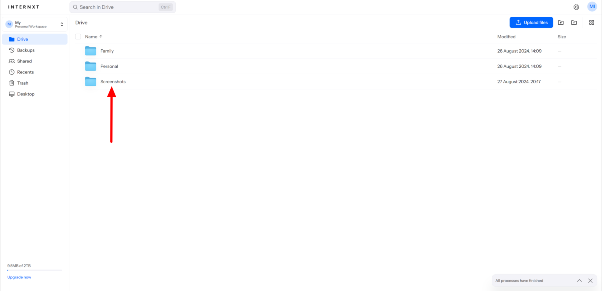 Double-clicking a folder on Internxt.