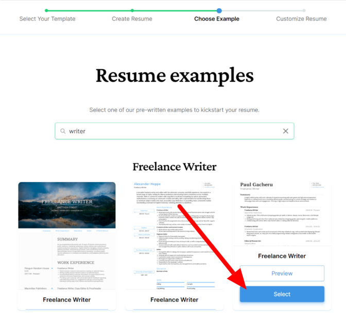 Selecting a resume example provided by VisualCV.
