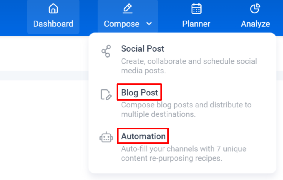 Hovering over "Compose" revealing the Social post, Blog post, and Automation options.