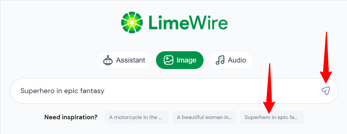 Selecting the superhero inspiration option for LimeWire to generate an image of.