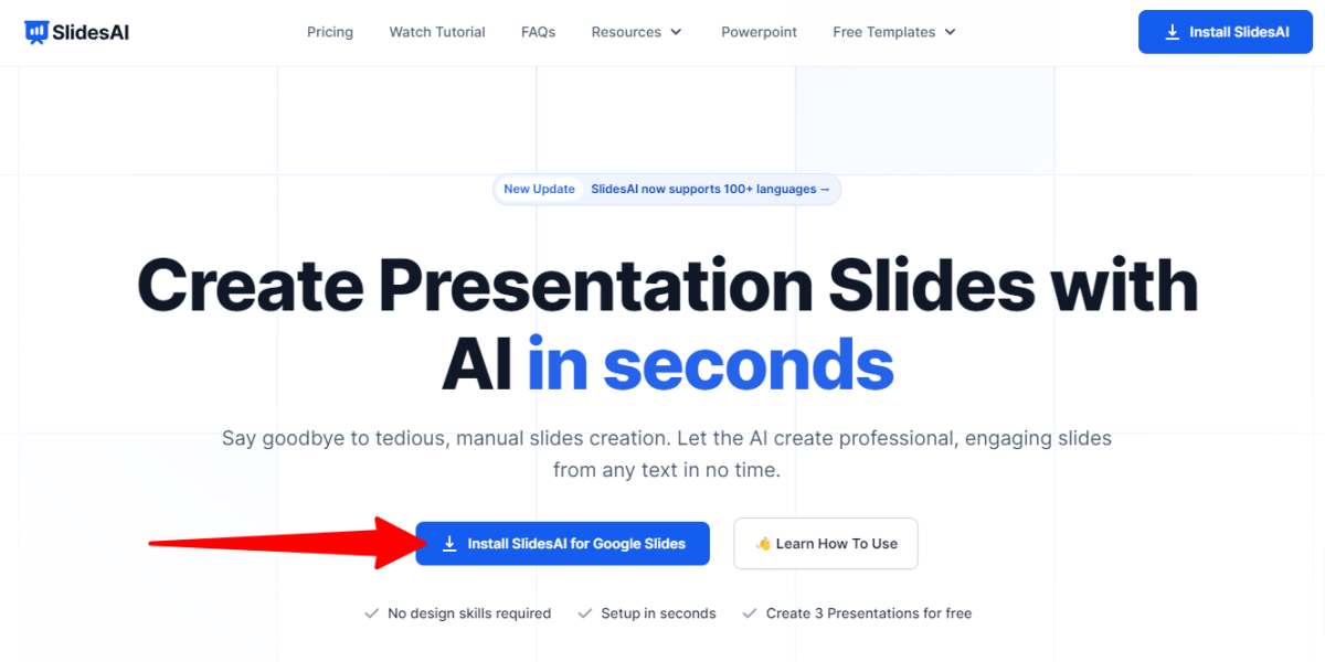 Selecting install on the SlidesAI homepage.