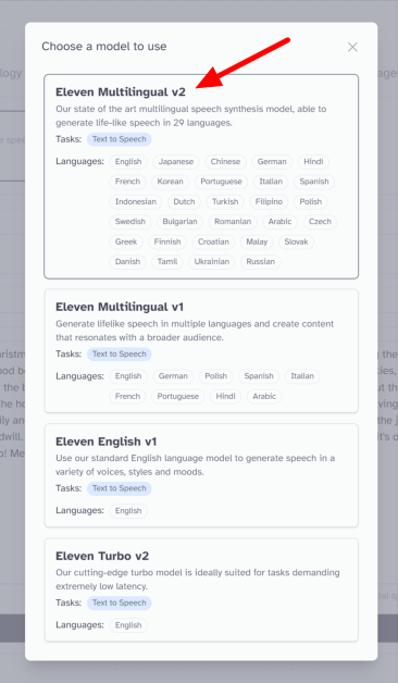 9-elevenlabs-selecting-model Selecting a model when creating an AI voice using text to speech in ElevenLabs.