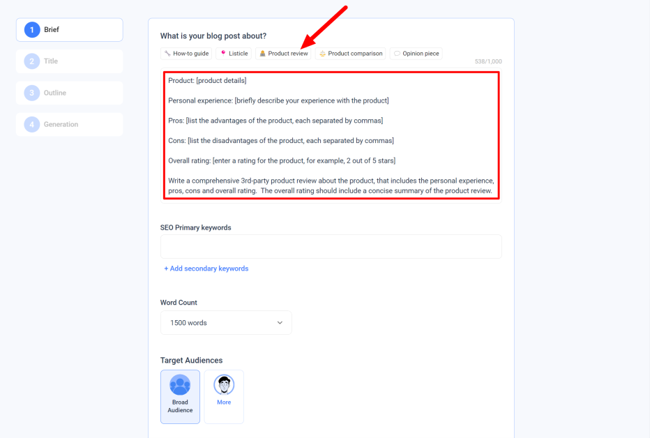 Selecting the Product Review template in the Anyword blog brief.