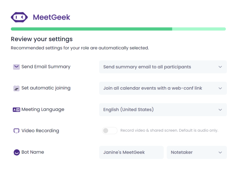Reviewing my settings on MeetGeek.