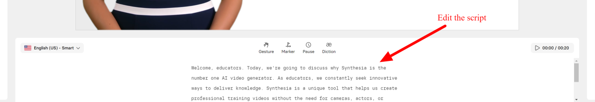 Editing the script in the Synthesia video editor.
