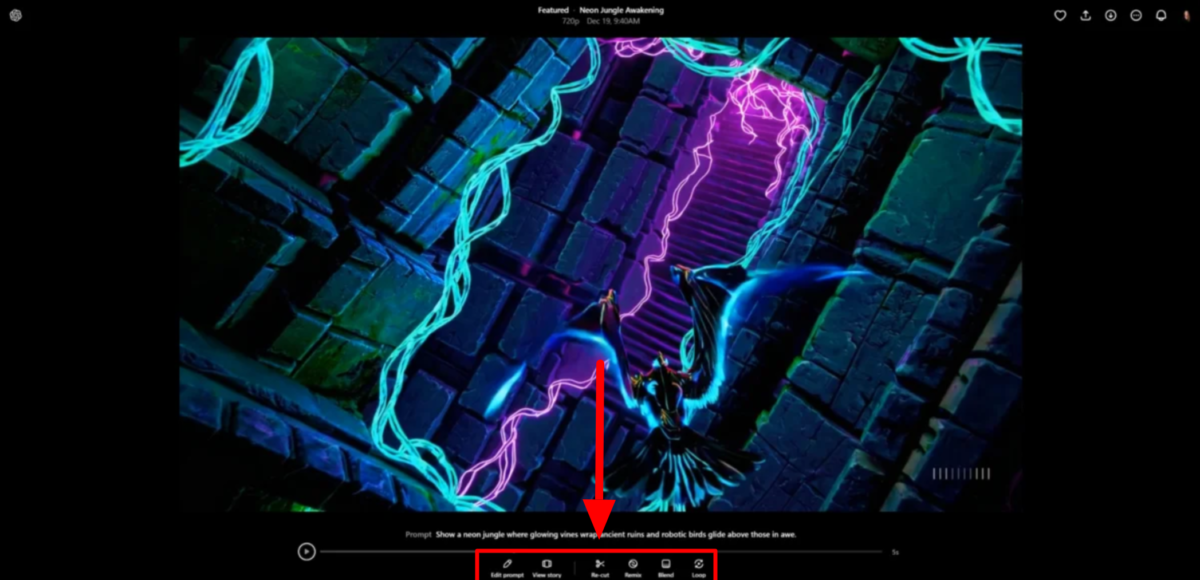 The editing toolbar on a video generated with Sora AI.