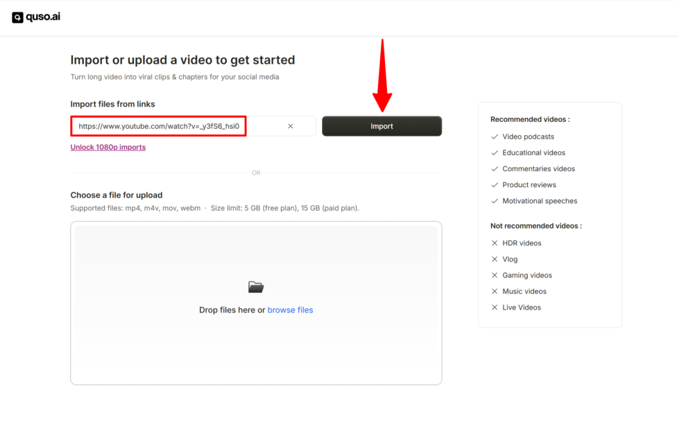 Importing a YouTube video to Quso.AI to turn into viral clips.
