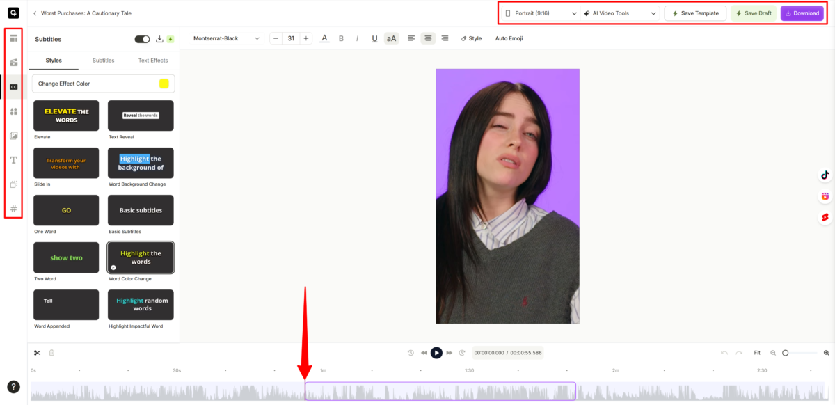 Editing a clip in Quso.AI.