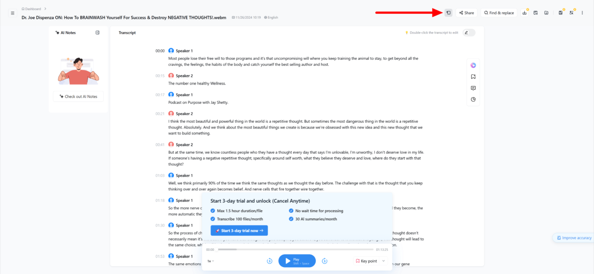 dr-joe-dispenza-on_-how-to-brainwash-yourself-for-success-destroy-negative-thoughts-webm-2 Changing the layout of the transcription on Notta AI.