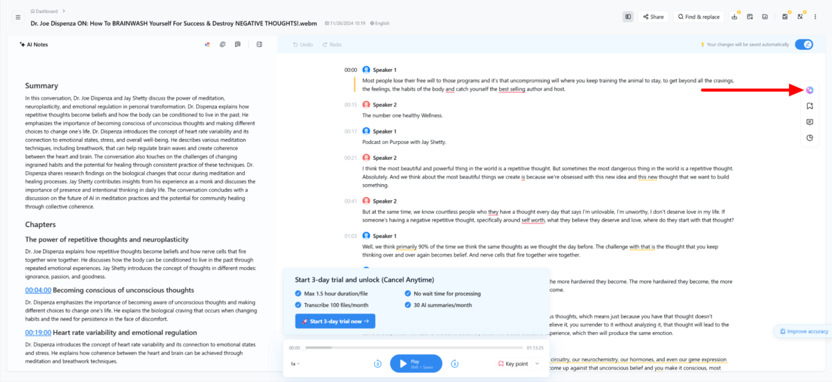 dr-joe-dispenza-on_-how-to-brainwash-yourself-for-success-destroy-negative-thoughts-webm-4 Selecting the AI chat on a transcript using Notta AI.
