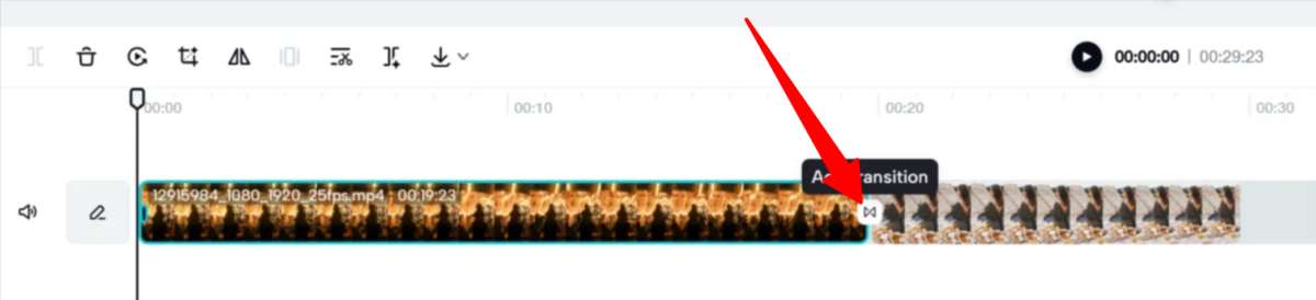 Clicking the transition button in between clips to add a transition.