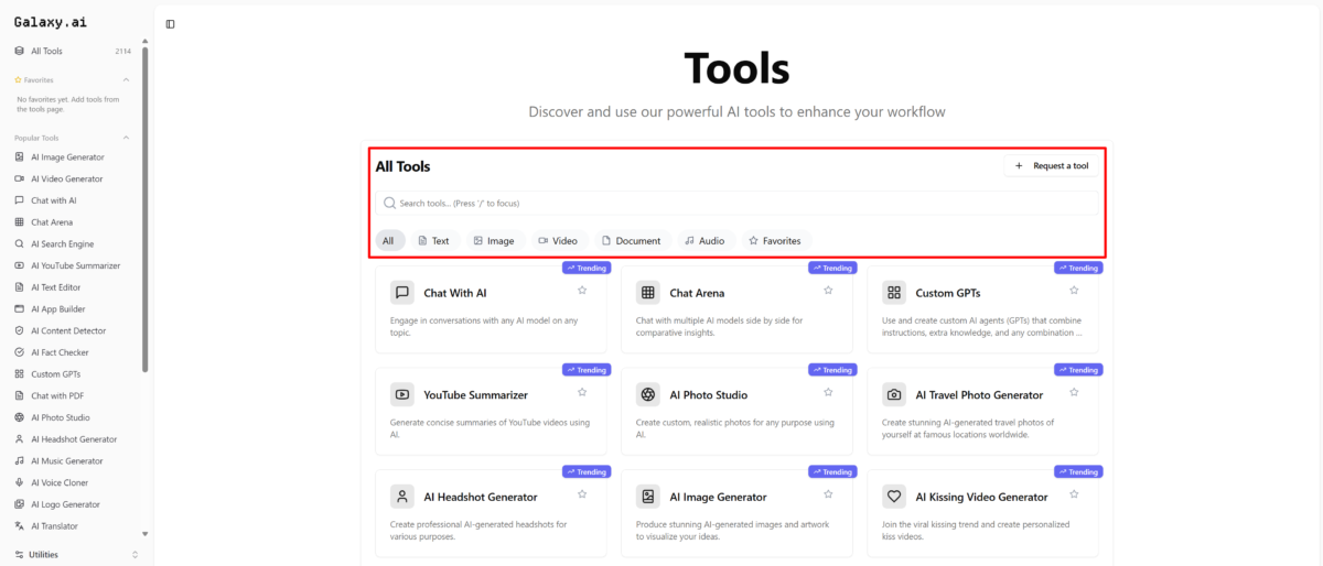 free-ai-powered-tools-no-login-required The tools offered by galaxy.ai on the main dashboard.