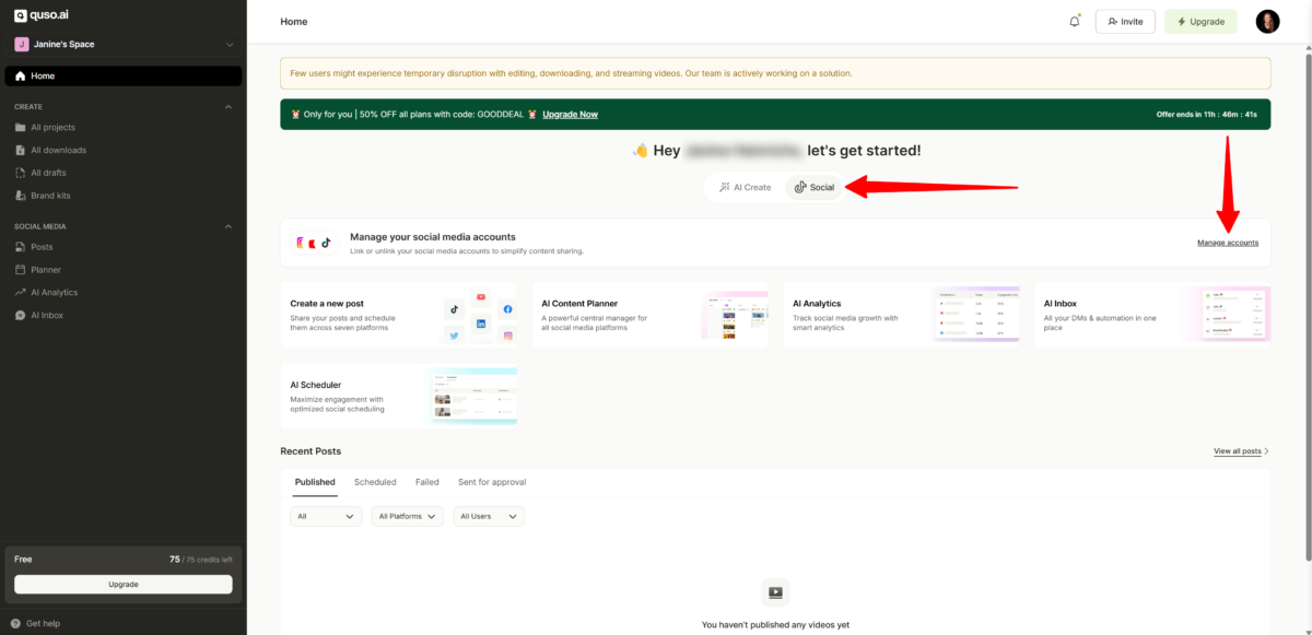 Connecting social media accounts to Quso.AI.