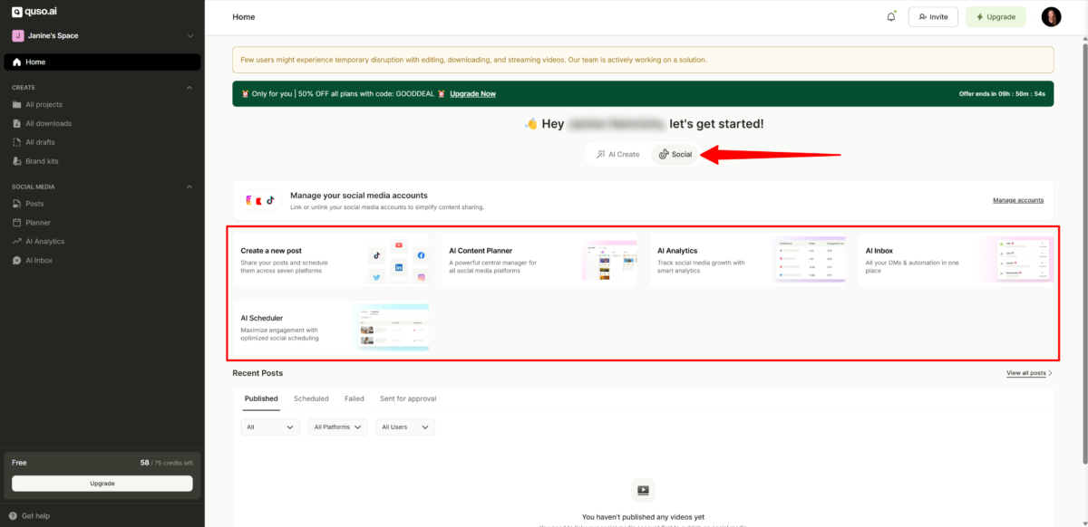 Exploring the Social tab on Quso.AI.