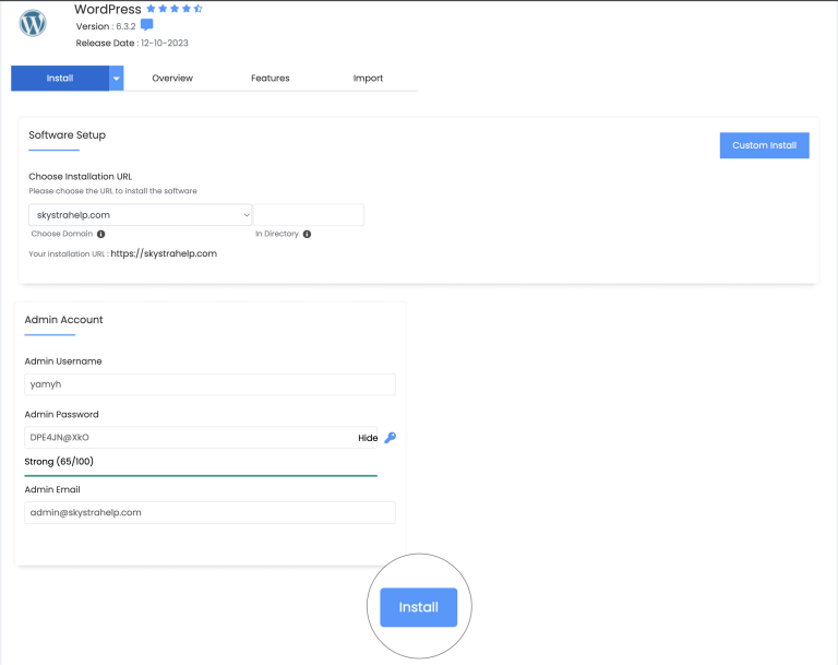 Install WordPress on skystra 6