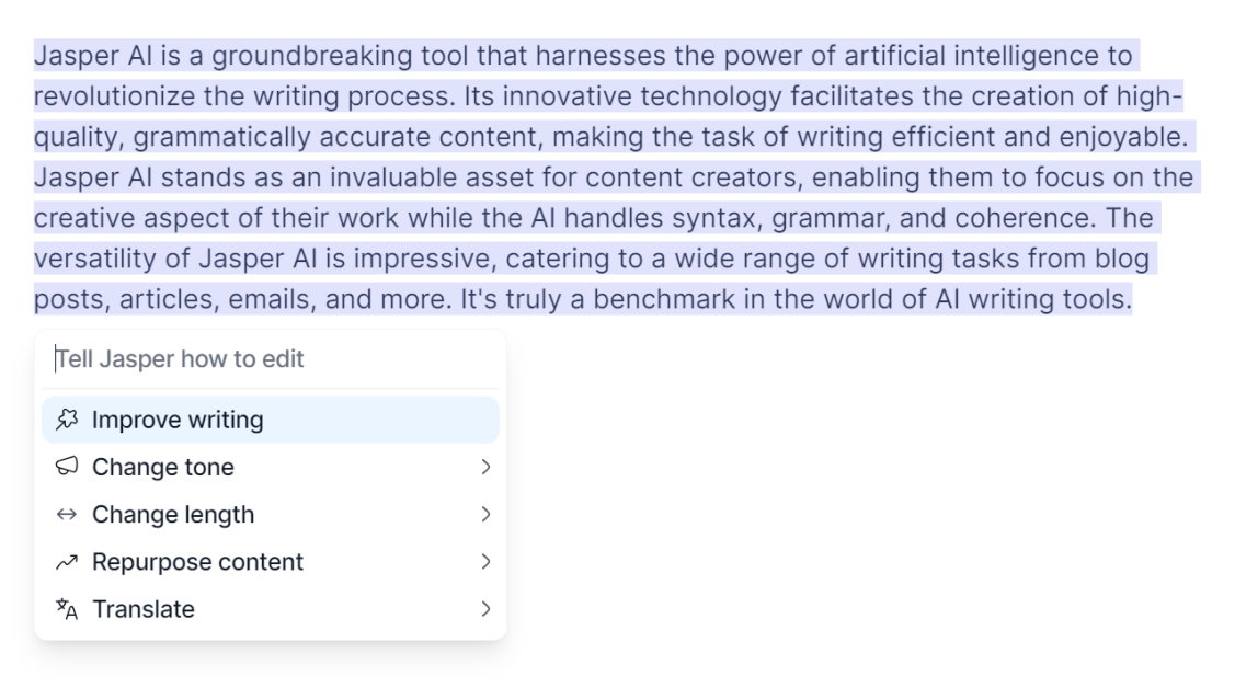 jasper-highlight-edit-text Jasper options when highlighting.