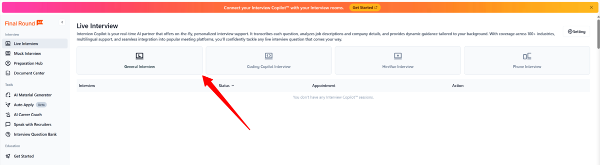 Selecting "General Interview" in Final Round AI's Interview Copilot.