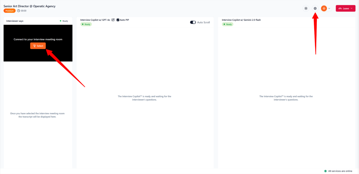 Connecting to an interview meeting room and adjusting the Copilot settings with Final Round AI.