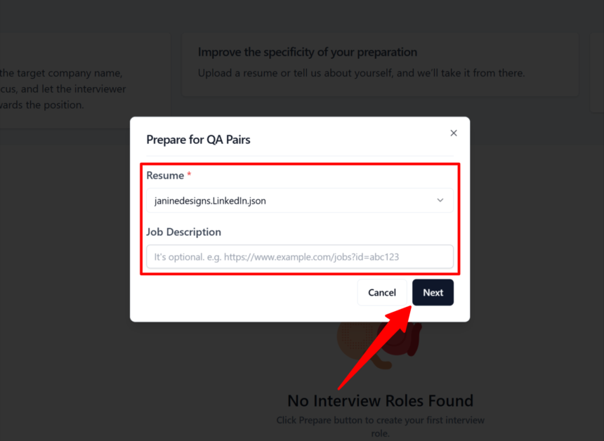Selecting an uploaded resume to prepare for an interview with Final Round AI.