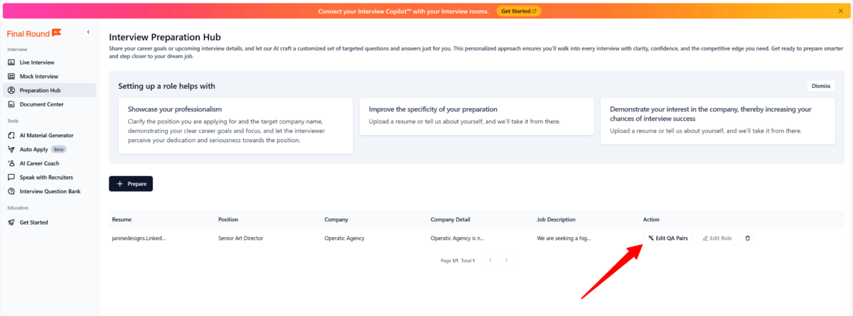 Selecting "Edit QA Pairs" from the Interview Preparation Hub in Final Round AI.