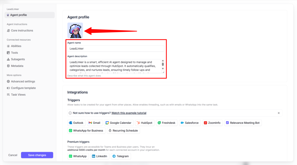 Changing an AI Agent's profile picture and giving it a name and description of its role with Relevance AI.