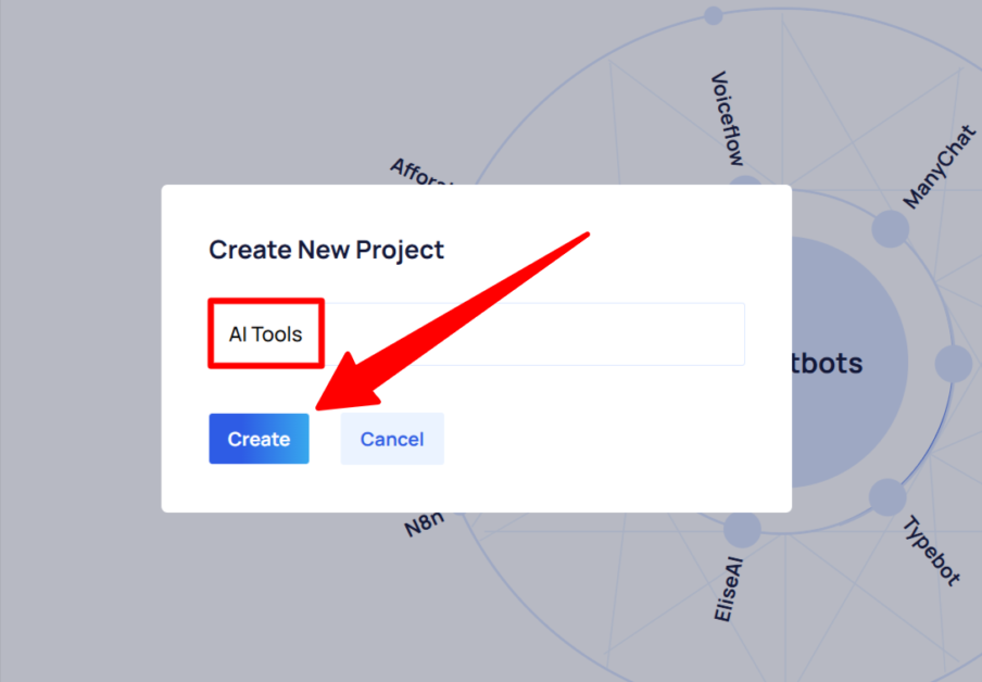 Creating a new project on "Exploding Topics" and naming it "AI Tools."