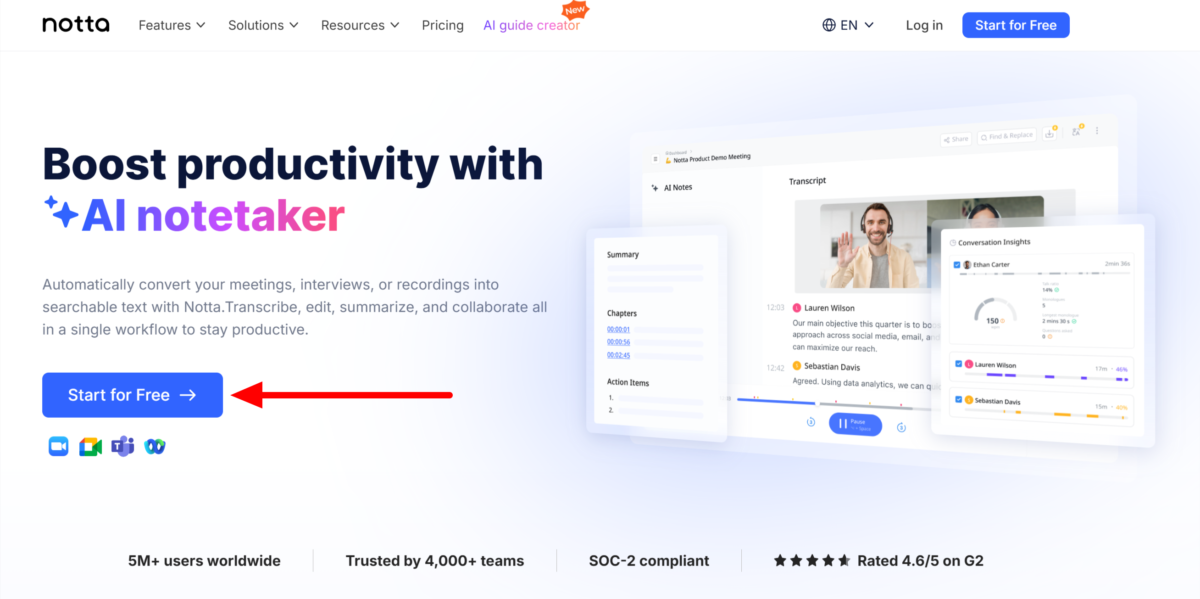 notta-ai-meeting-notetaker-audio-transcription Selecting "Start for Free" on the Notta AI homepage.