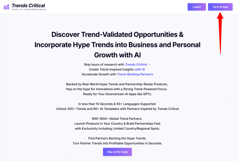 trends-critical-trends-based-ai-text-generation-saas-app-1 Selecting "Go to AI App" for Trends Critical.