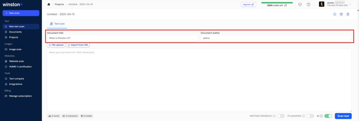Adding a document title and author to a new text scan with Winston AI.