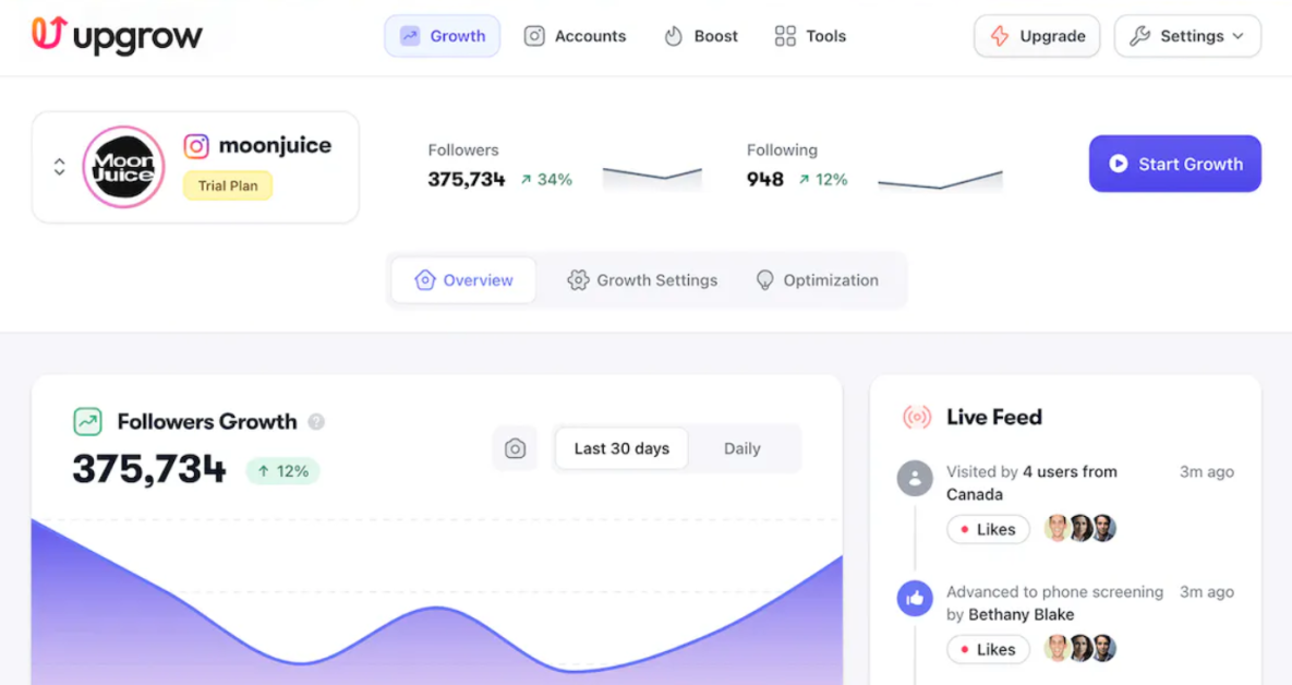 The Growth tab in an UpGrow account.